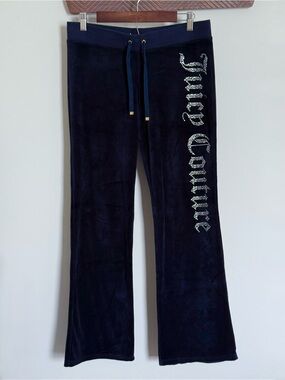 Juicy Couture Navy Blue Diamanté Rhinestone Velour Flare Wide Leg Pants Medium